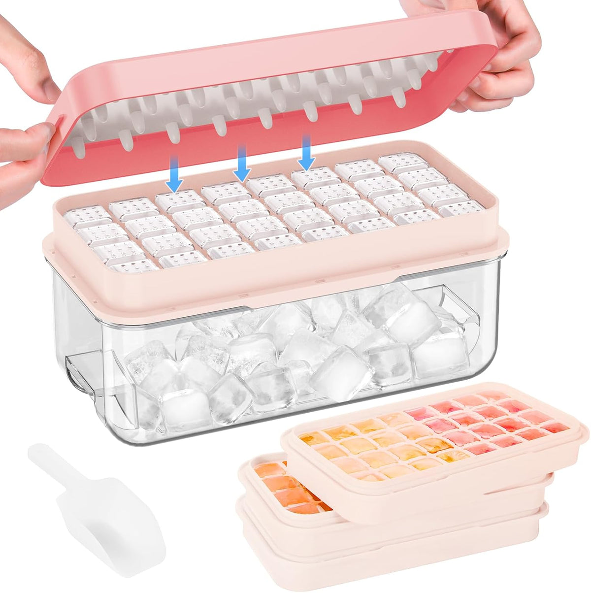 PHINOX Ice Cube Tray with Lid and Bin, 3 Pack Plastic Ice Cube Tray Molds, 96(4 * 8 * 3) pcs Ice