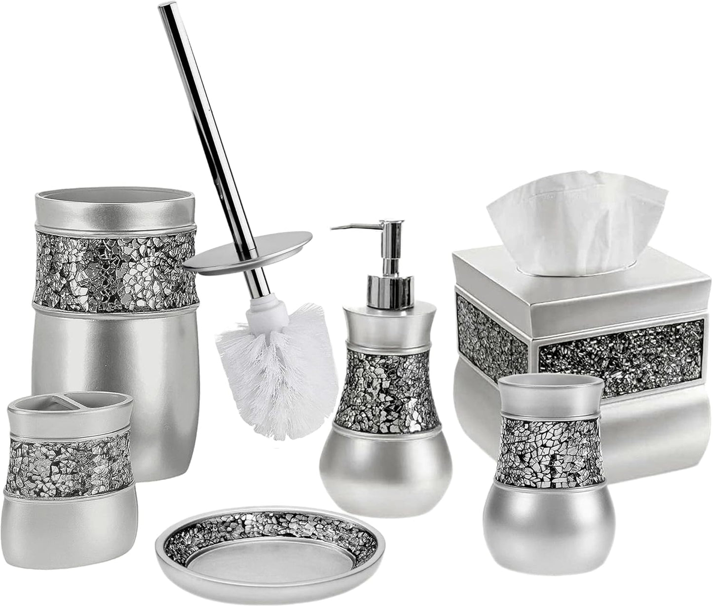 Crackled Glass Toilet Brush with Holder - Silver Toilet Bowl Cleaner Brush and Holder - Good Grip