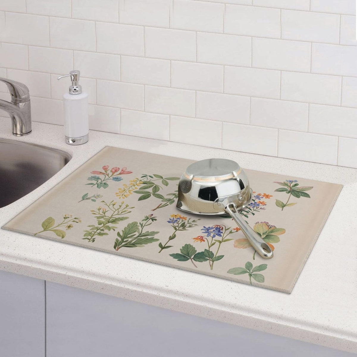 Vintage Plants Herbs Floral Dish Drying Mat Highly Absorbent Double-Sided Microfiber with Hanging