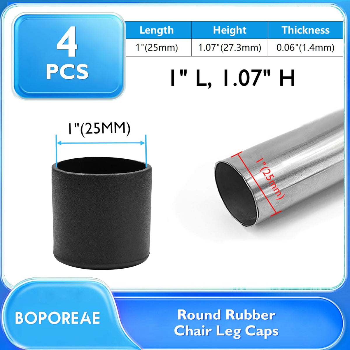 4 Pcs 1" Round Rubber Chair Leg Caps, PVC Table Leg Covers, Flexible & Anti-Slip Furniture Leg End
