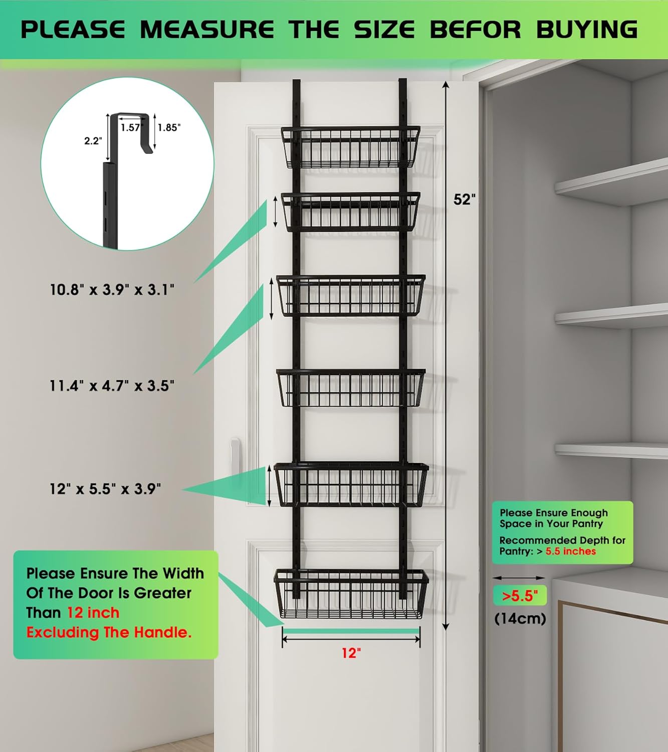 12 Inch Wide Narrow Over The Door Pantry Organizer, Pantry Organization and Storage, Black Metal