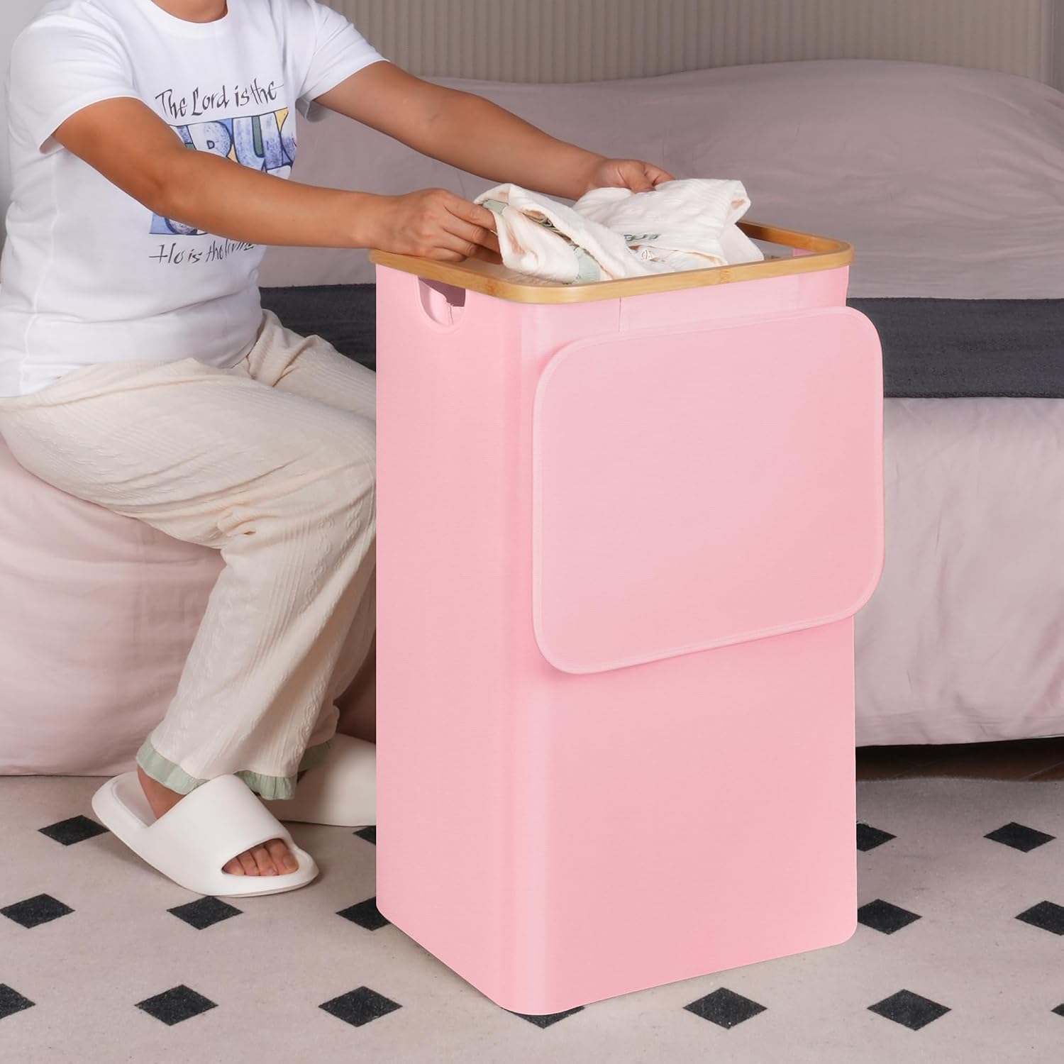 26 Gal Laundry Basket with Lid and Net Bag, Tall Laundry Hamper with Bamboo Handles, Aesthetic