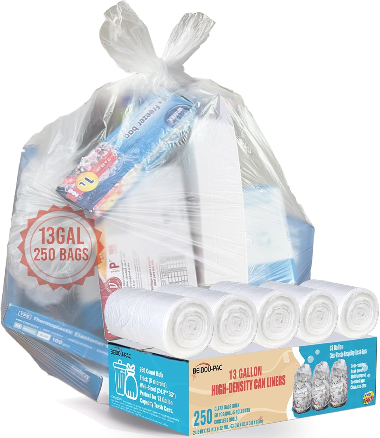 Trash Bags 13 Gallon, 250 Count Bulk, Clear Plastic Recycling Garbage Bags, Multi-purpose Tall