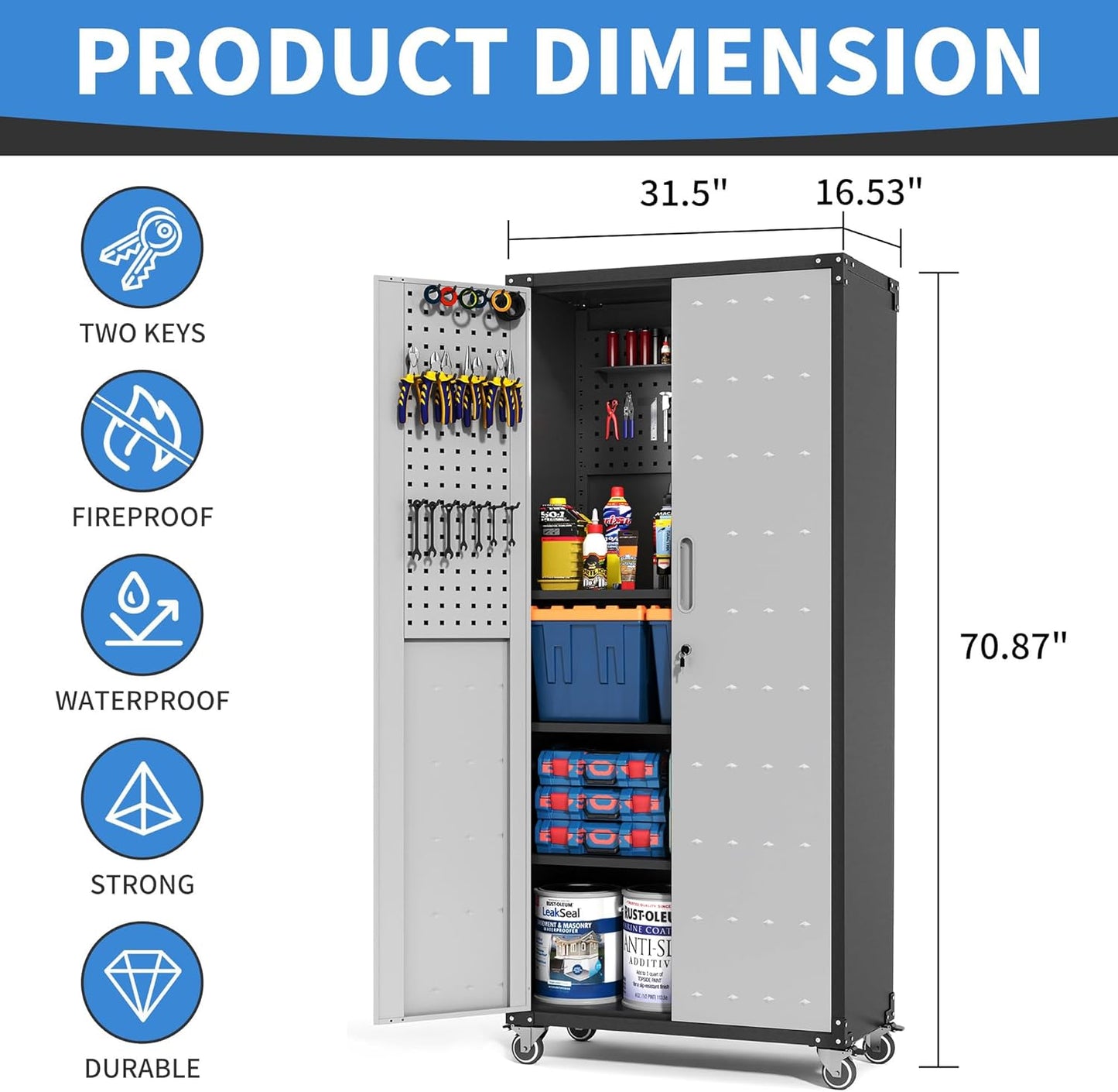 Garage Metal Storage Cabinet with Pegboard, 71'' Tall Storage Cabinet with Adjustable Shelves and
