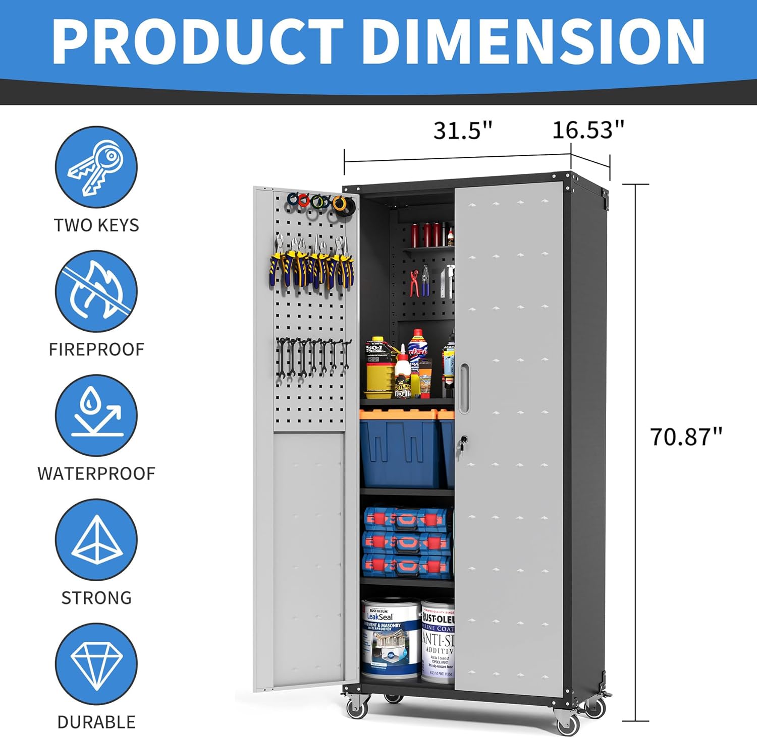 Garage Metal Storage Cabinet with Pegboard, 71'' Tall Storage Cabinet with Adjustable Shelves and