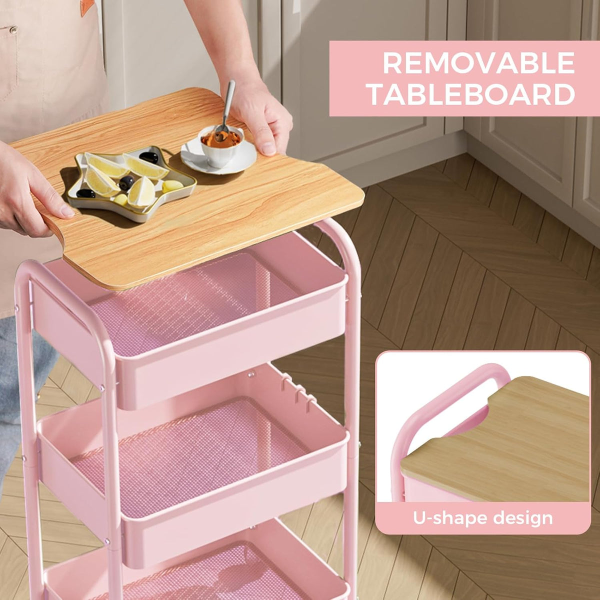 3 Tier Rolling Cart with Table top, Metal Rolling Utility Cart, Sturdy Storage Organizer Cart with