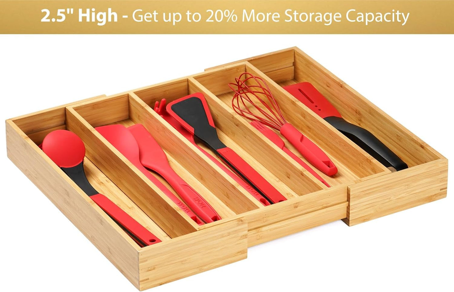 Umilife Expandable Kitchen Drawer Organizer, 2.5" High Bamboo Utensils Silverware Tray, Adjustable