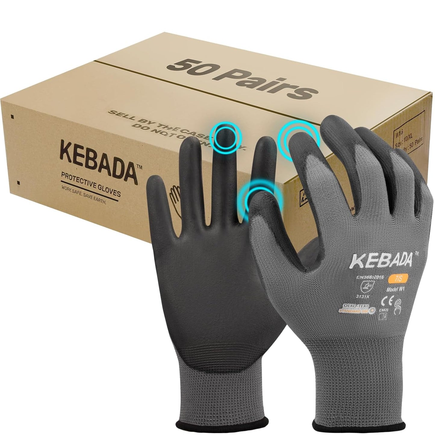 Kebada W1 Work Gloves for Men and Women, Touchscreen PU Coated Gloves with Grip, 50 Pairs Bulk