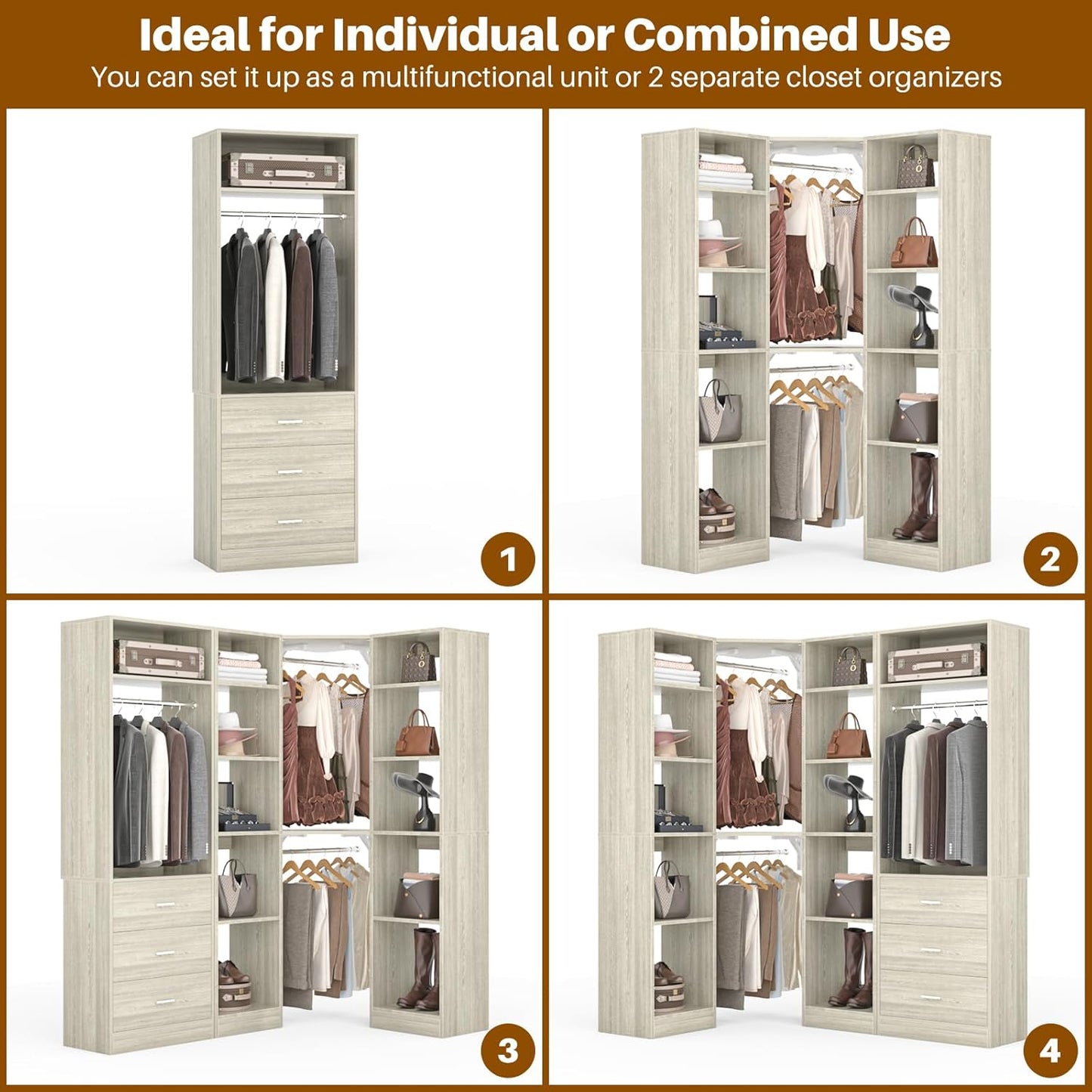 Corner Closet System with 3 Drawers, Corner Closet Organizer System with 13 Shelves & 3 Hanging