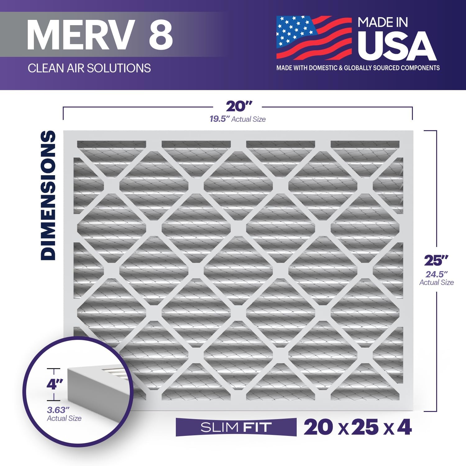 BNX TruFilter 20x25x4 (19.5’’ x 24.5’’ x 3.63‘’ Slim Fit) MERV 8 Air Filter 2-Pack - MADE IN USA