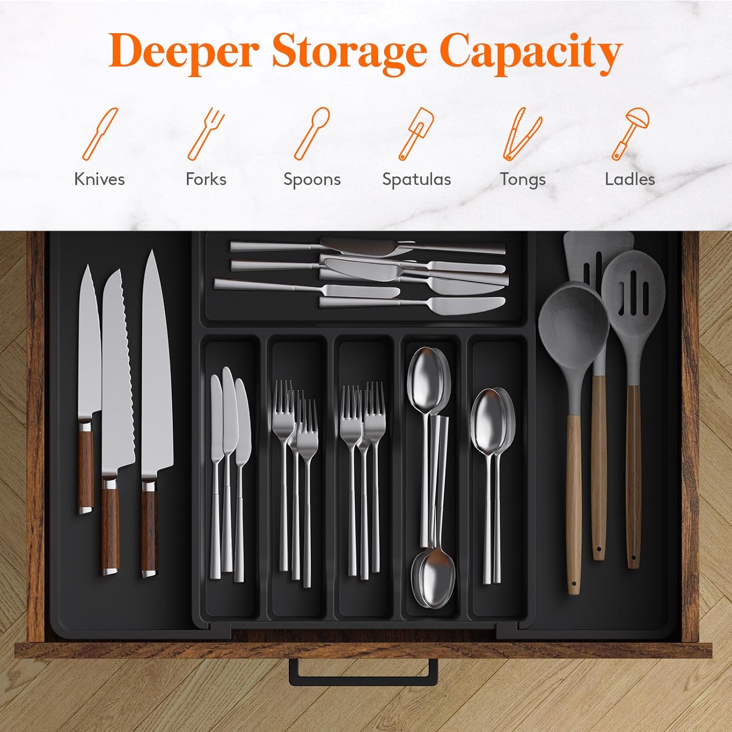 Lifewit Deep Silverware Drawer Organizer for Kitchen, Expandable Utensil Tray, Adjustable Flatware