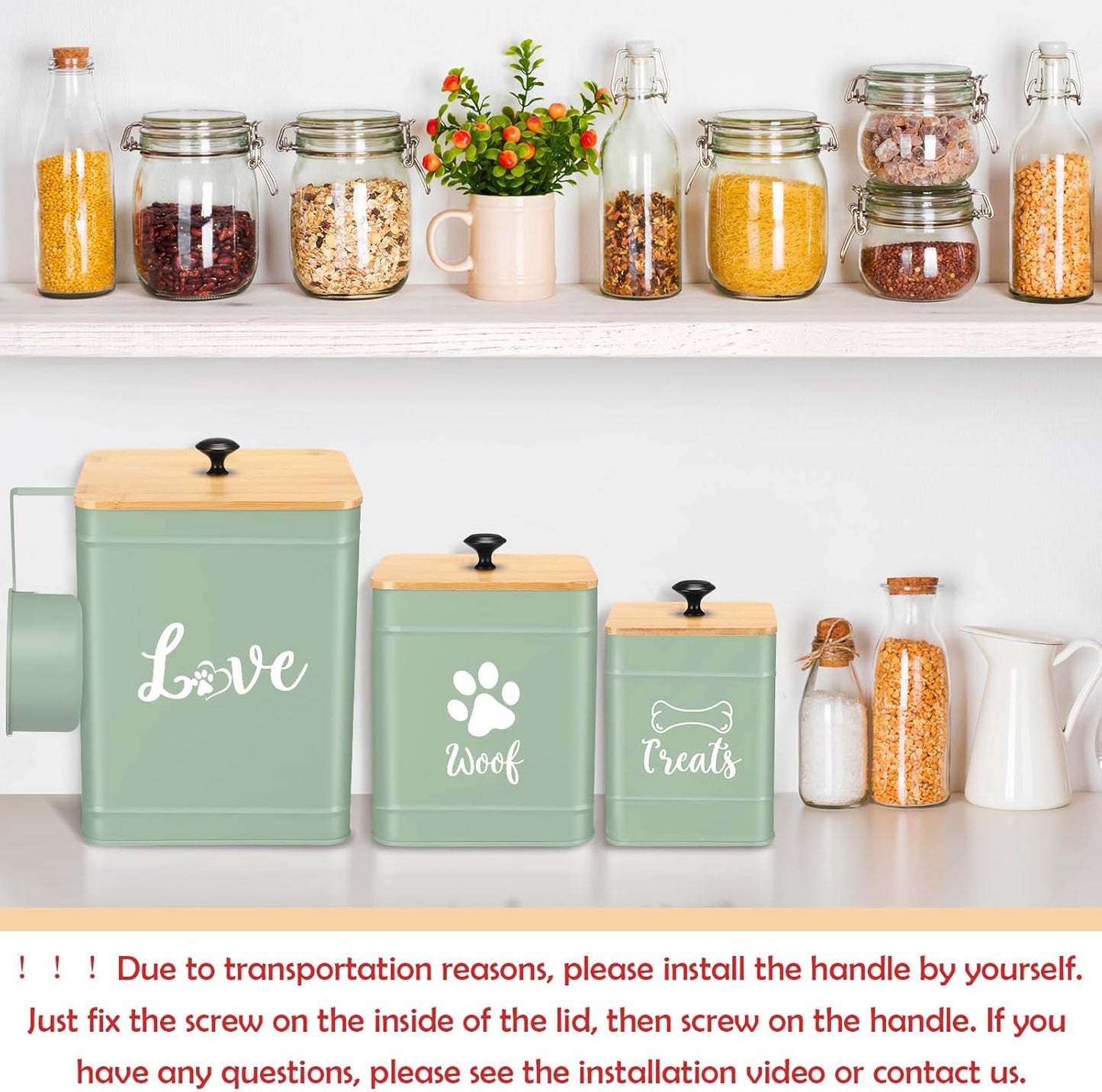 Metal Dog Treat Containers Set of 3 with Bamboo Lids and Spoon Airtight 7+3+2 lbs Dog Food Snack