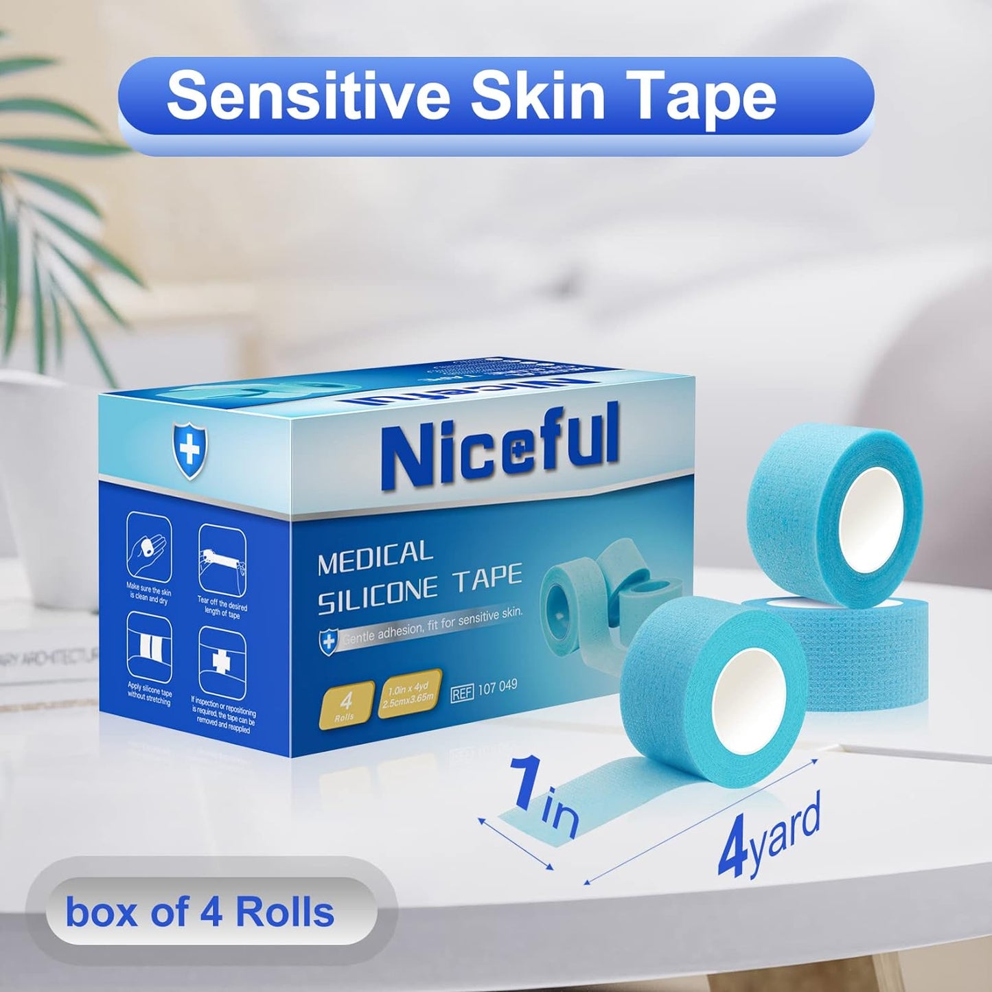 4 Rolls Silicone Sensitive Skin Tape 1"x 4 Yard, Repositionable Medical Tape for Waterproof, Easy