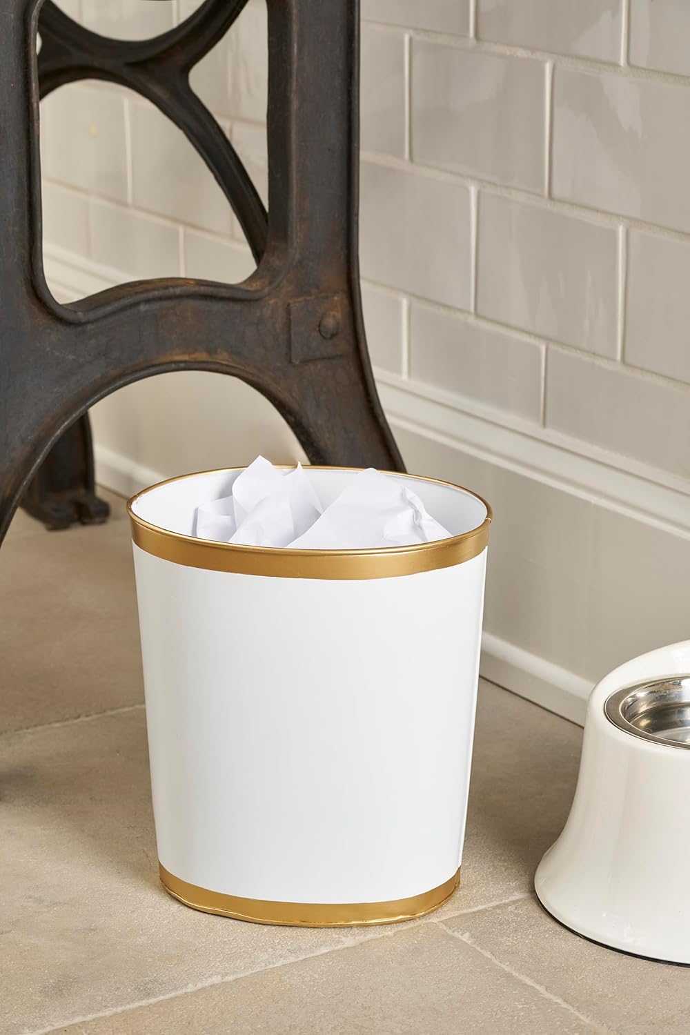 Jaye's Studio Mattie Decorative White and Gold Bathroom Trash Can, Metal Waste Basket Modern