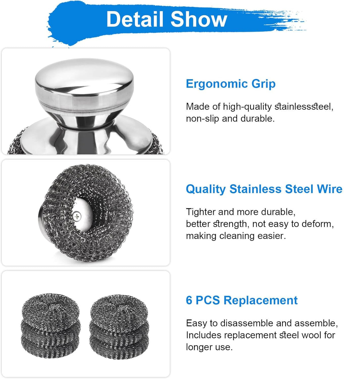 7PCS Steel Wool Scrubber Pads, Stainless Steel Scrubber Set with 1PCS Handle, Metal Scrubbers for