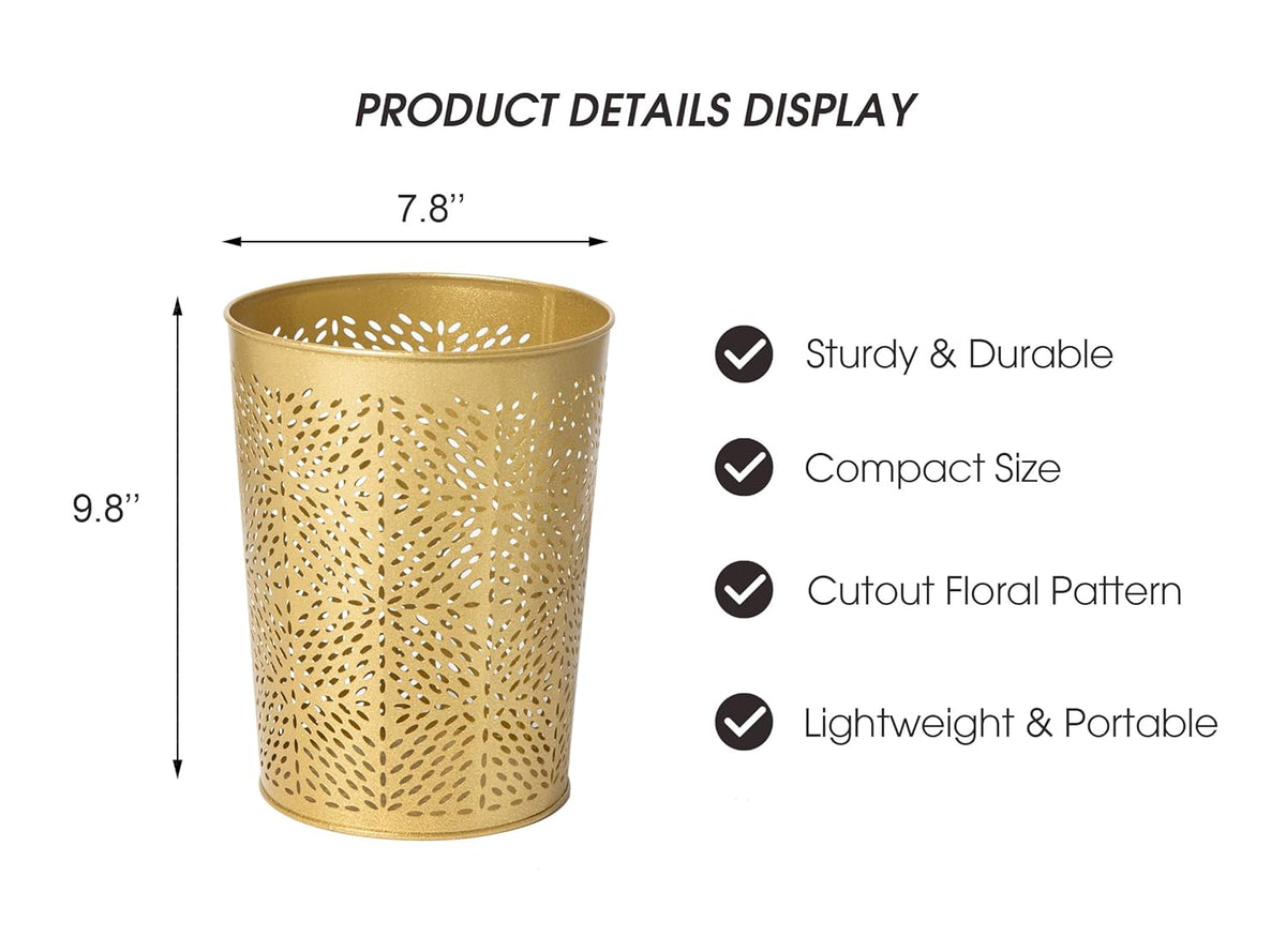 Small Gold Metal Trash Can Wastebasket, Decorative Hollow-Out Garbage Can Waste Paper Bin, Modern
