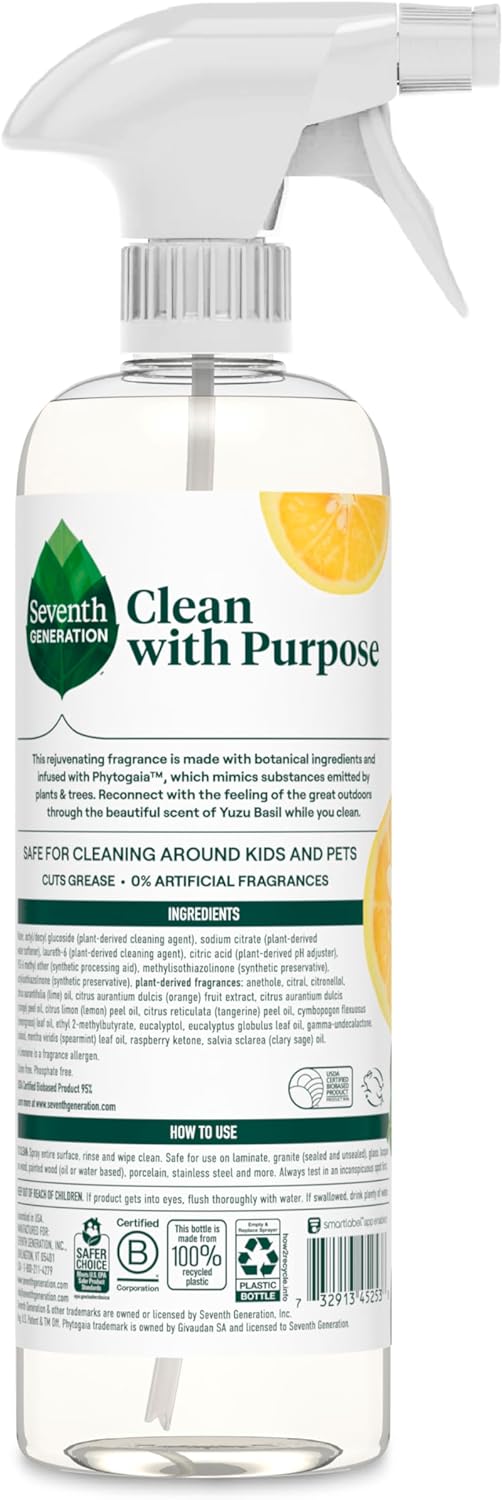 Seventh Generation All Purpose Cleaner Rejuvenating Yuzu Basil, For All Surfaces, 23 fl oz, Pack of