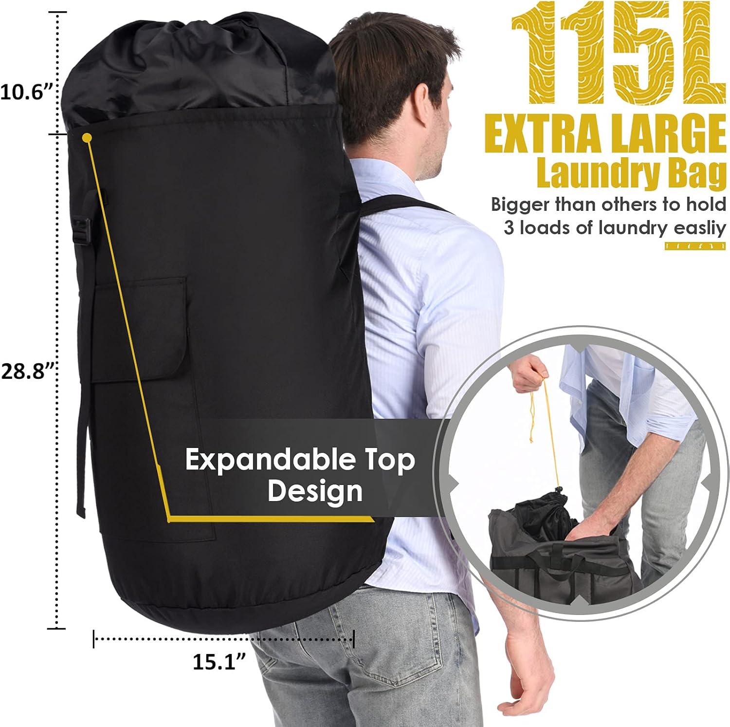 Backpack Laundry Bag, 115L Heavy Duty Extra Large College Laundry Backpack, Dirty Clothes Bag with