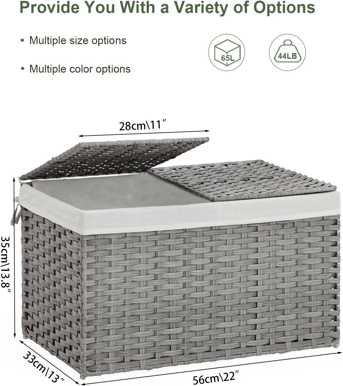 Storage Basket with Lid Rattan, Woven Storage Baskets with 2 Separate Lids, 17.2 Gallon (65 L)
