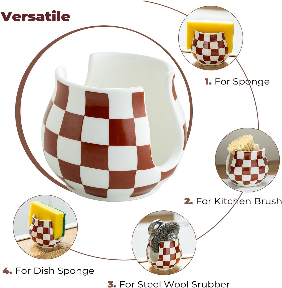 Checkered Sponge Holder for Kitchen Sink Counter, Ceramic Dish Sponge Caddy White Sink Organizer