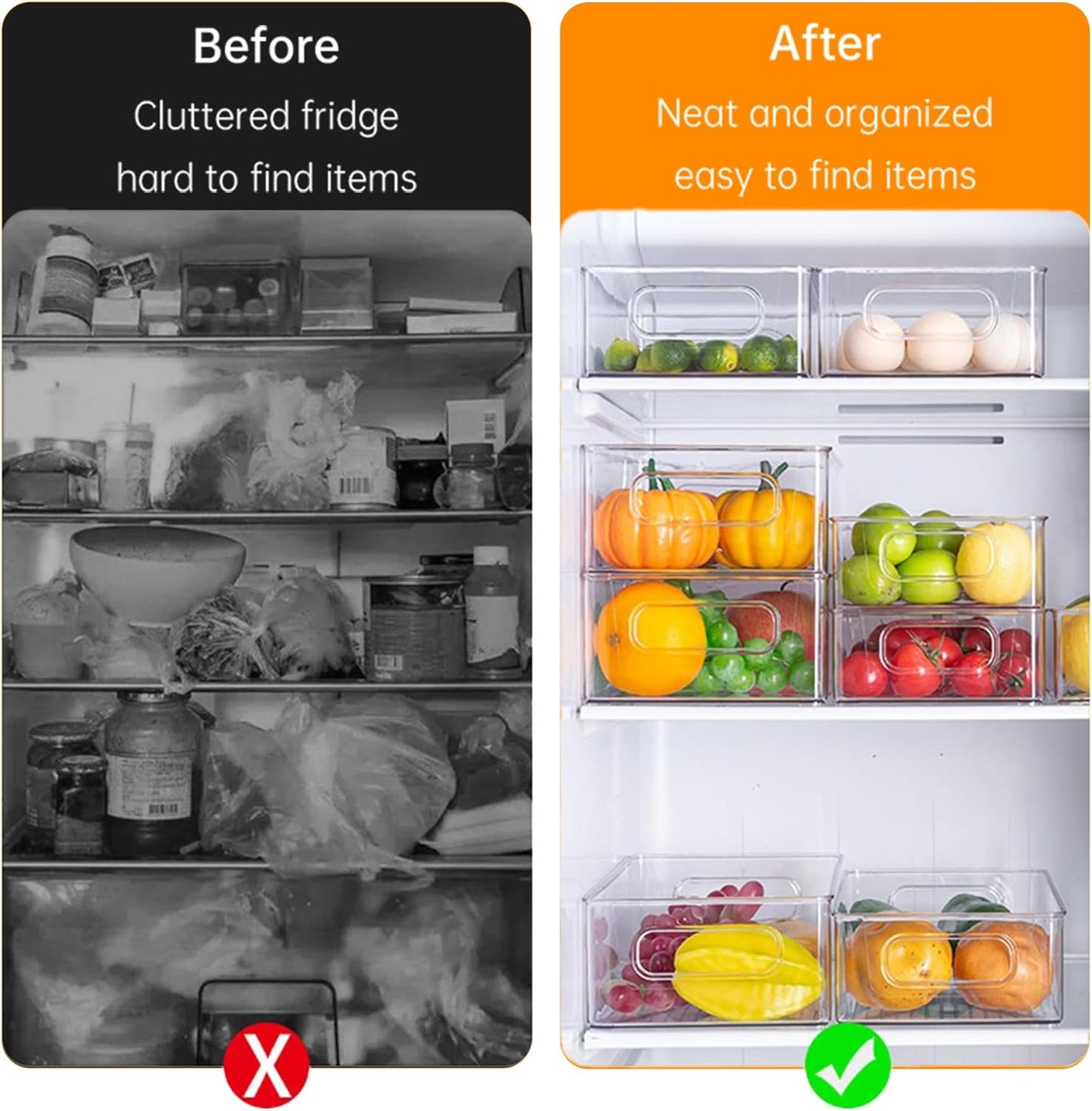 6 Pack Refrigerator Organizer Bins,3 Sizes Clear Pantry Storage with Handles and 30 PCS Plastic