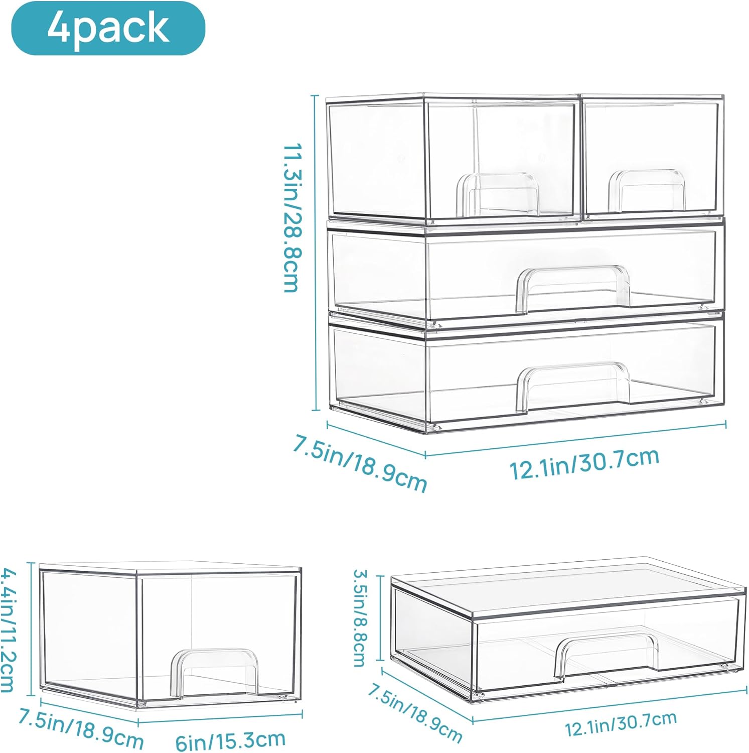 Vtopmart Stackable Storage Drawers Set of 4, Clear Plastic Organizer Bins for Bathroom