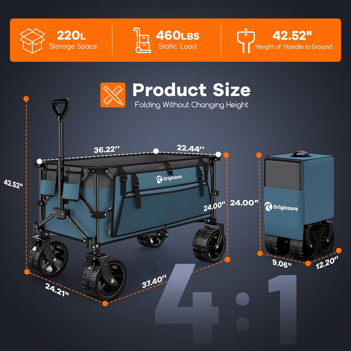 220L Collapsible Wagon Cart Foldable, 460lbs Load Capacity Heavy Duty Folding Beach Wagons with Big