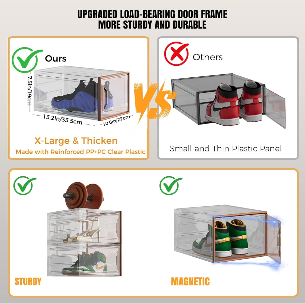 X-Large Stackable Shoe Boxes - Clear Plastic Shoe Storage Boxes with Magnetic Door, Thicken Shoe
