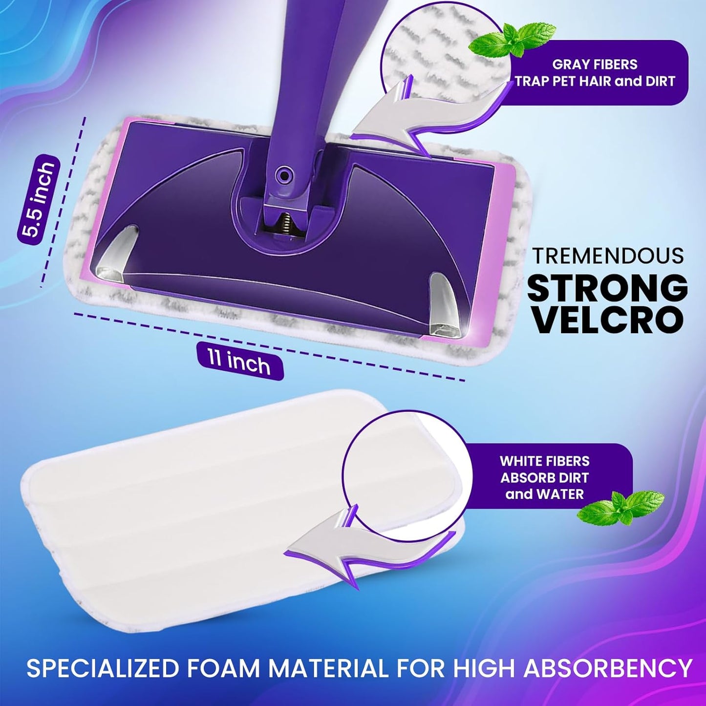 3pcs of Universal 11-inch Velcro Type Reusable Floor Mop Pads Compatible with Swiffer Wet Jet