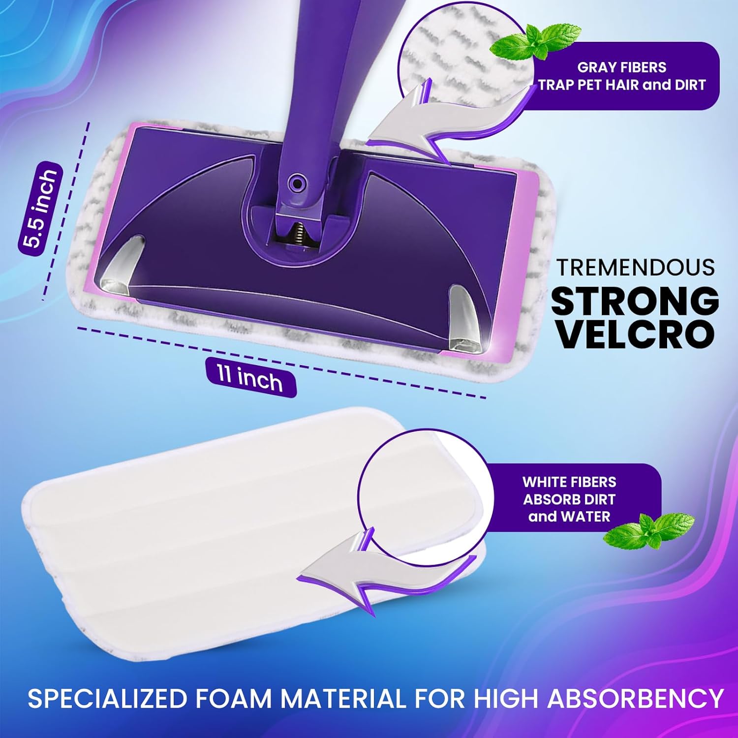 3pcs of Universal 11-inch Velcro Type Reusable Floor Mop Pads Compatible with Swiffer Wet Jet