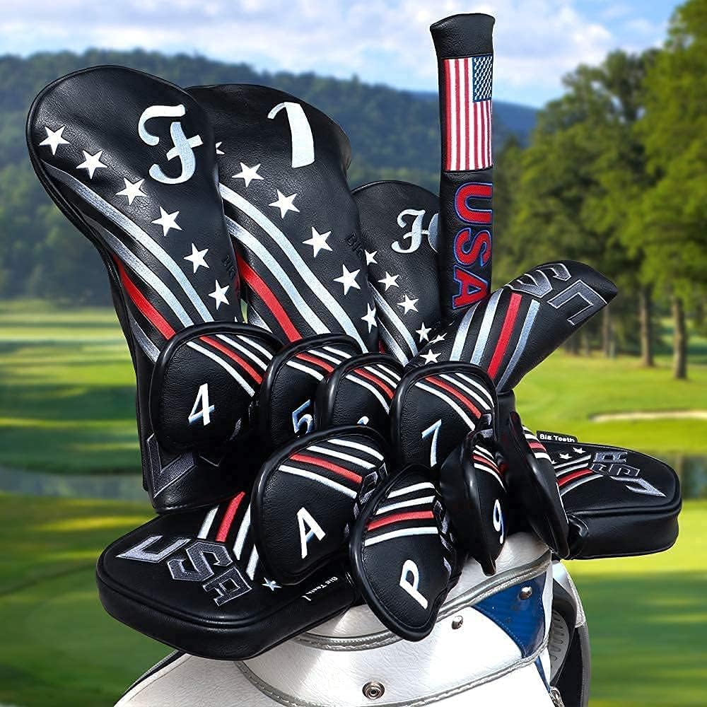 Big Teeth Golf Cover USA Stripe and Star Headcover Covers, Driver Fairway Wood Hybrid Headcovers