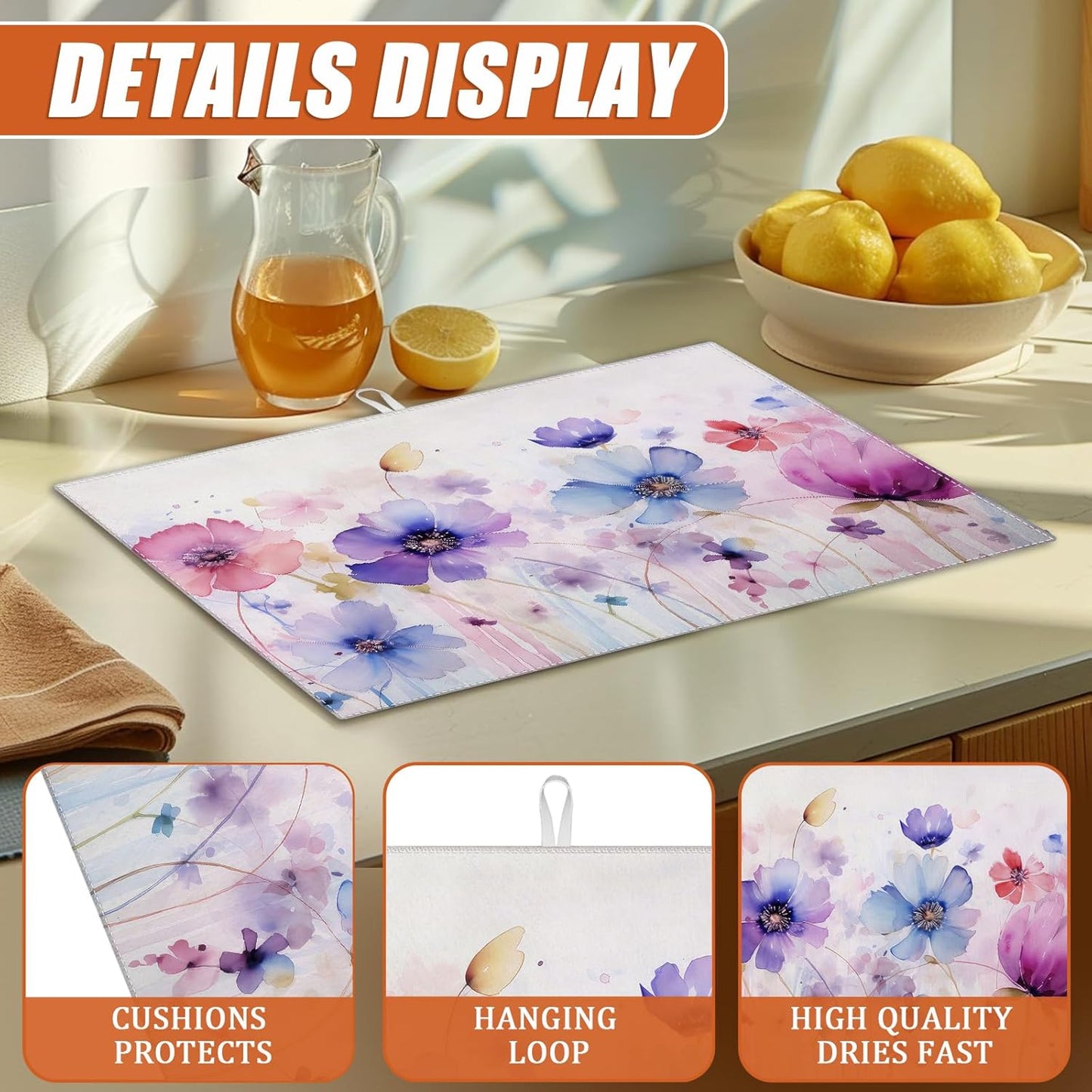 Watercolor Flowers Dish Drying Mat for Kitchen Counter Microfiber Absorbent Dish Kitchen Drying Mat