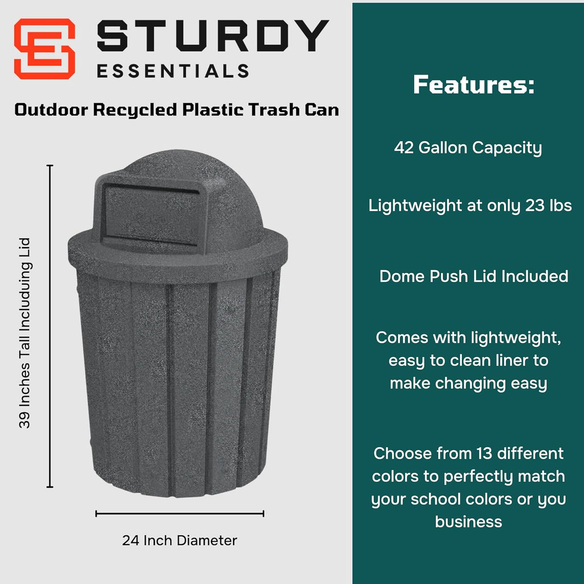 42 Gallon Slated Circle 100% Recycled Plastic Heavy Duty Outdoor Trash Can with Push Open Dome Lid