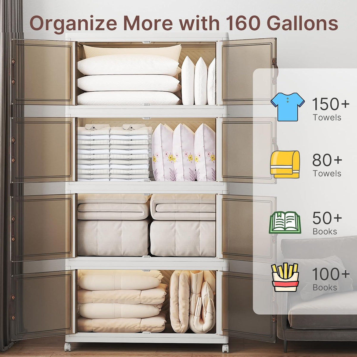 Extra Large Stackable Storage Bins with Lids & Wheels & Door, 660QT-165QT/41GAL*4Pack Foldable