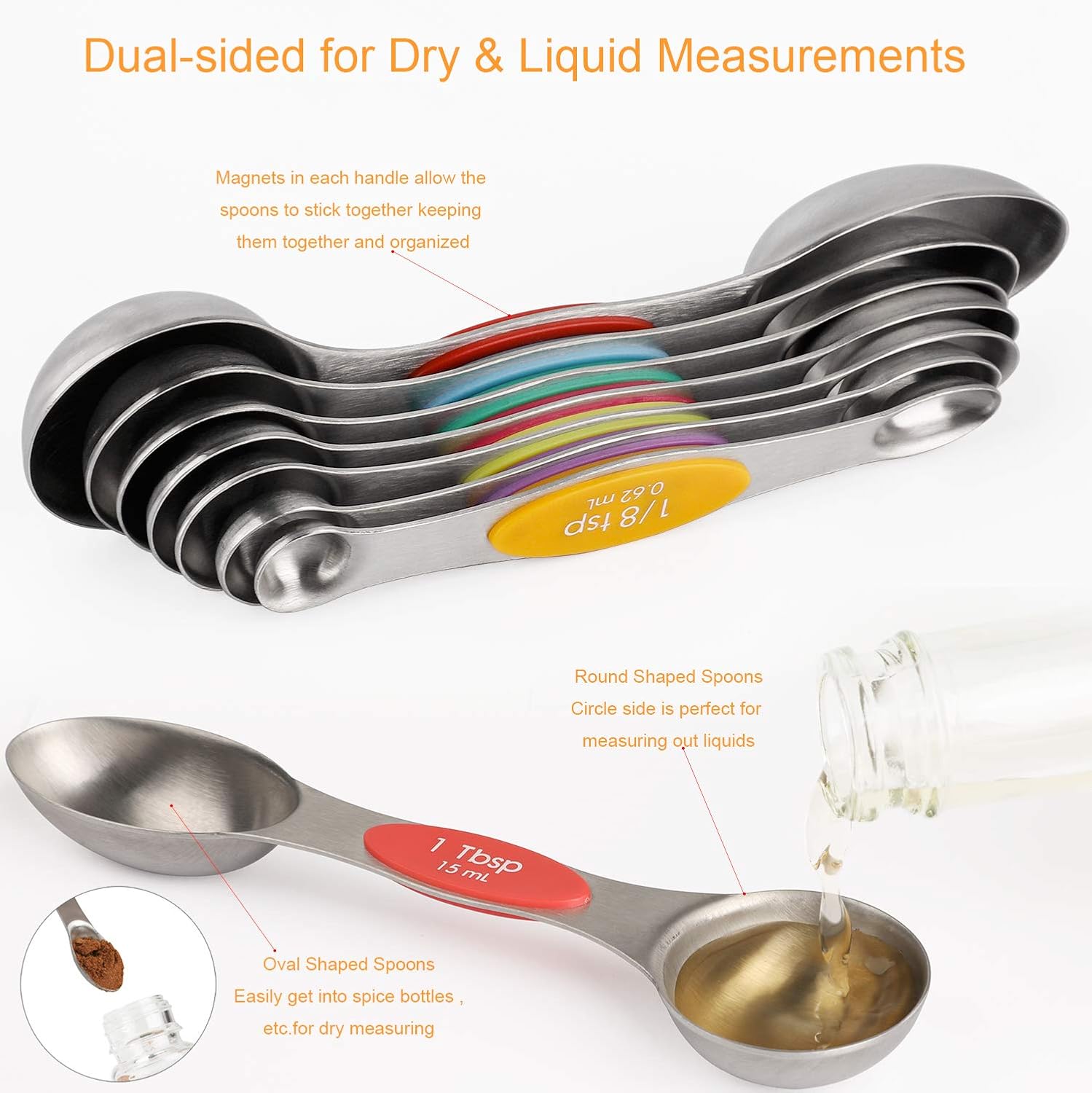 Magnetic Measuring Spoons Set of 8 Stainless Steel Dual Sided Stackable Measuring Spoons Nesting