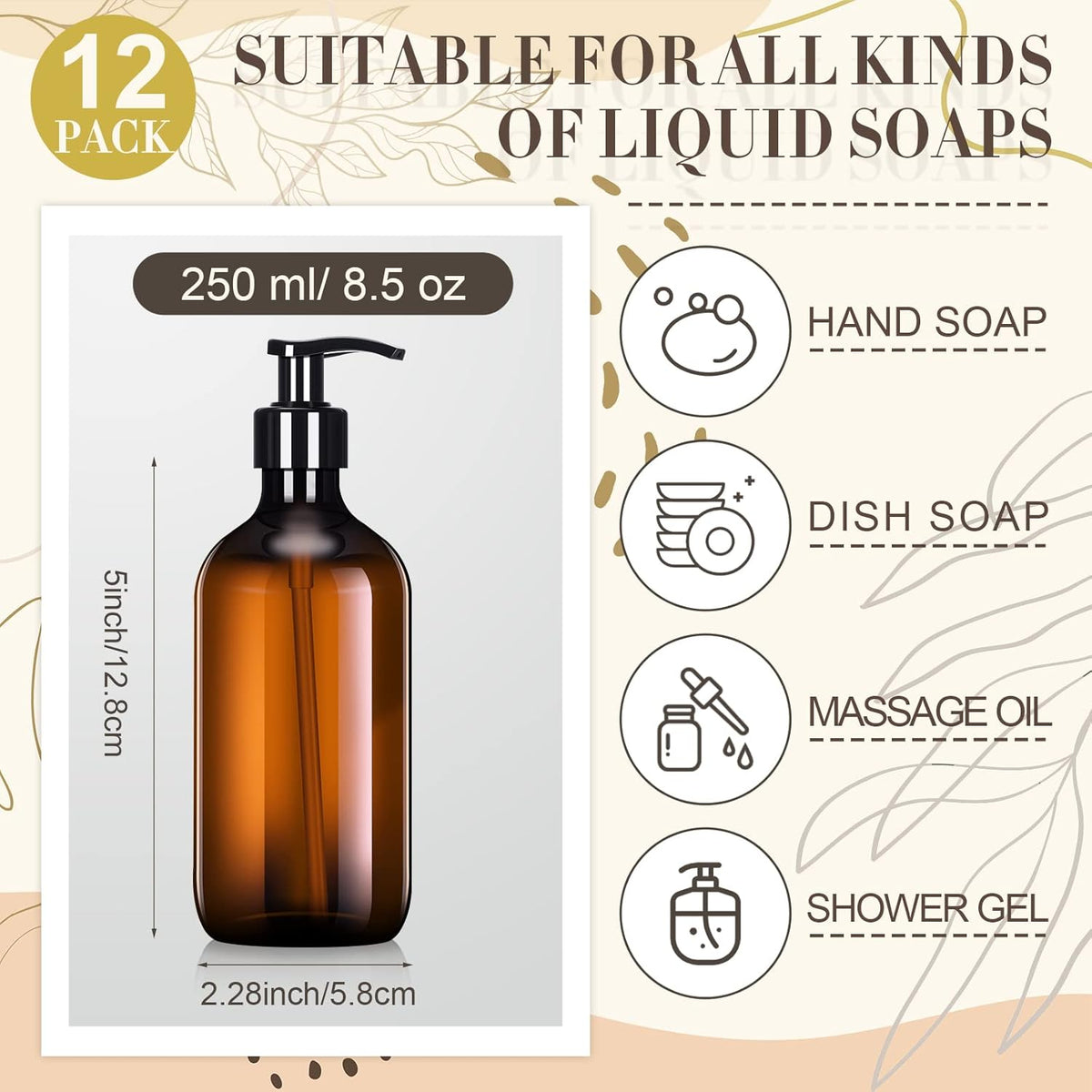 Tessco for you 12 Pack Amber Soap Dispenser Empty Plastic Pump Bottles Dispenser Refillable Shampoo