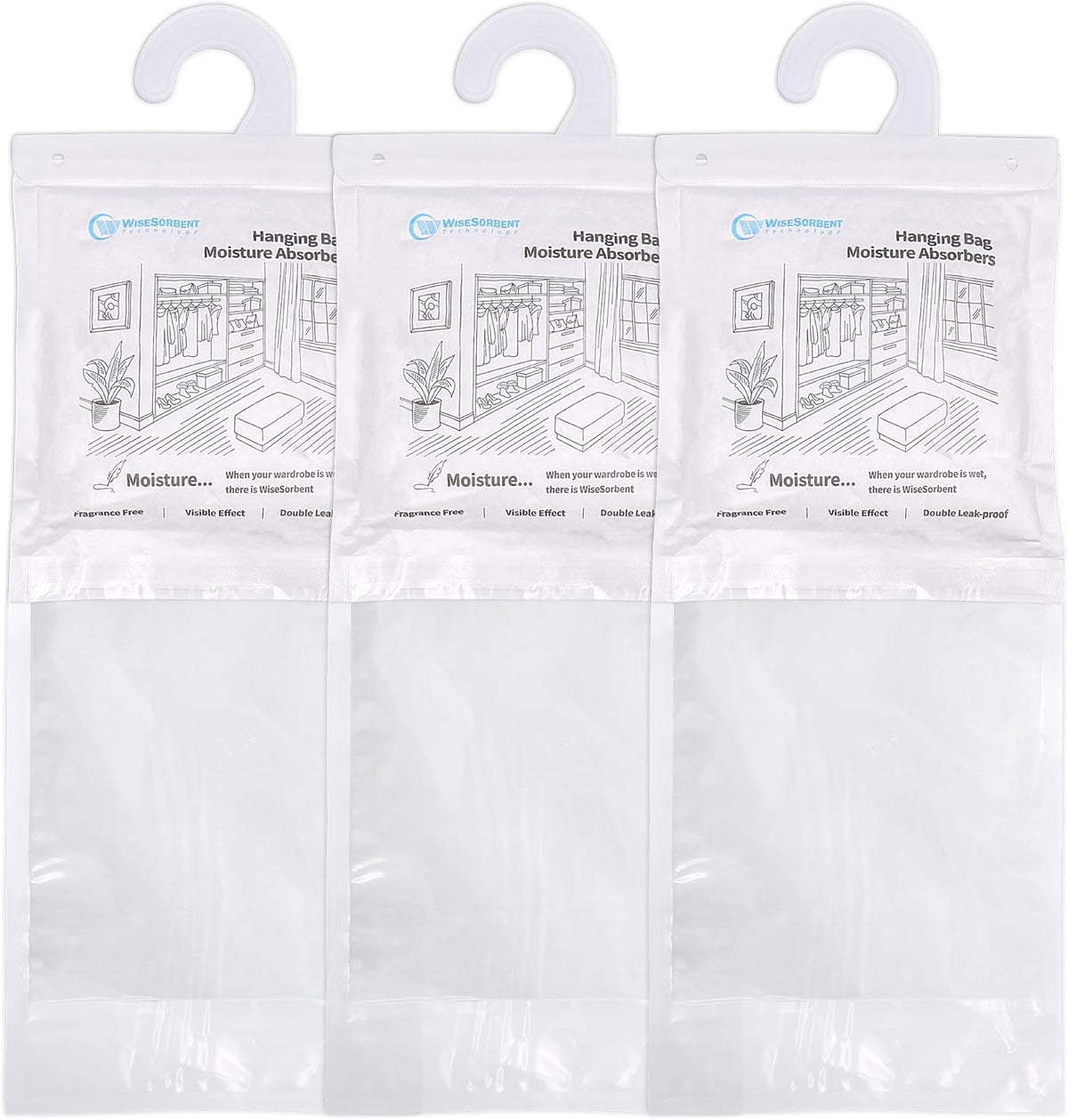 500 Gram Moisture Absorber Hanging Bags 3 Pack - 17.6 oz Fragrance-Free Large Dehumidifier for