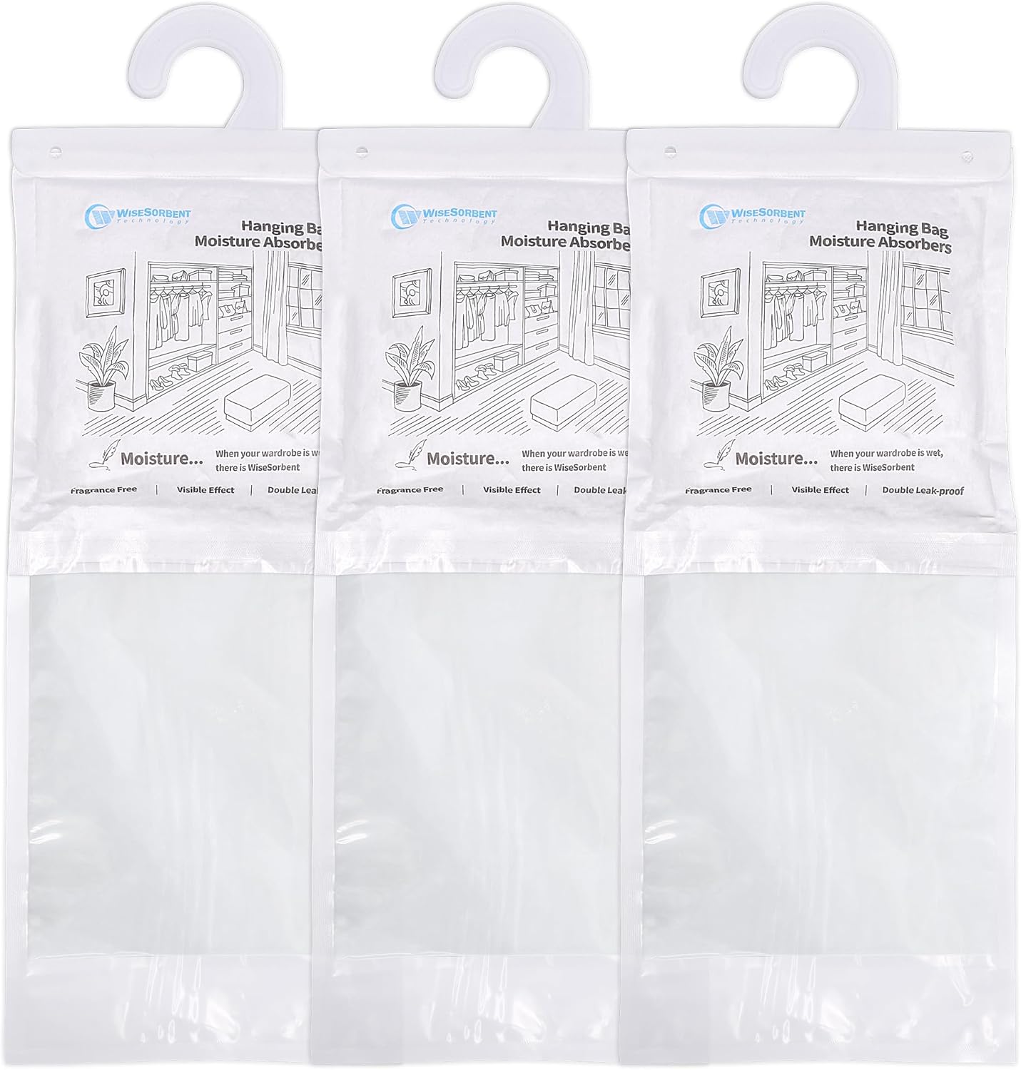 500 Gram Moisture Absorber Hanging Bags 3 Pack - 17.6 oz Fragrance-Free Large Dehumidifier for