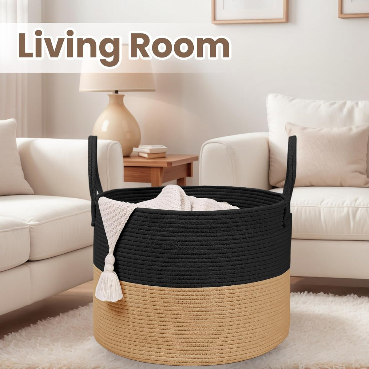 Woven Blanket Basket,115L Large Rope Storage Bin with Handles, Organizer for Blankets Toys Book and
