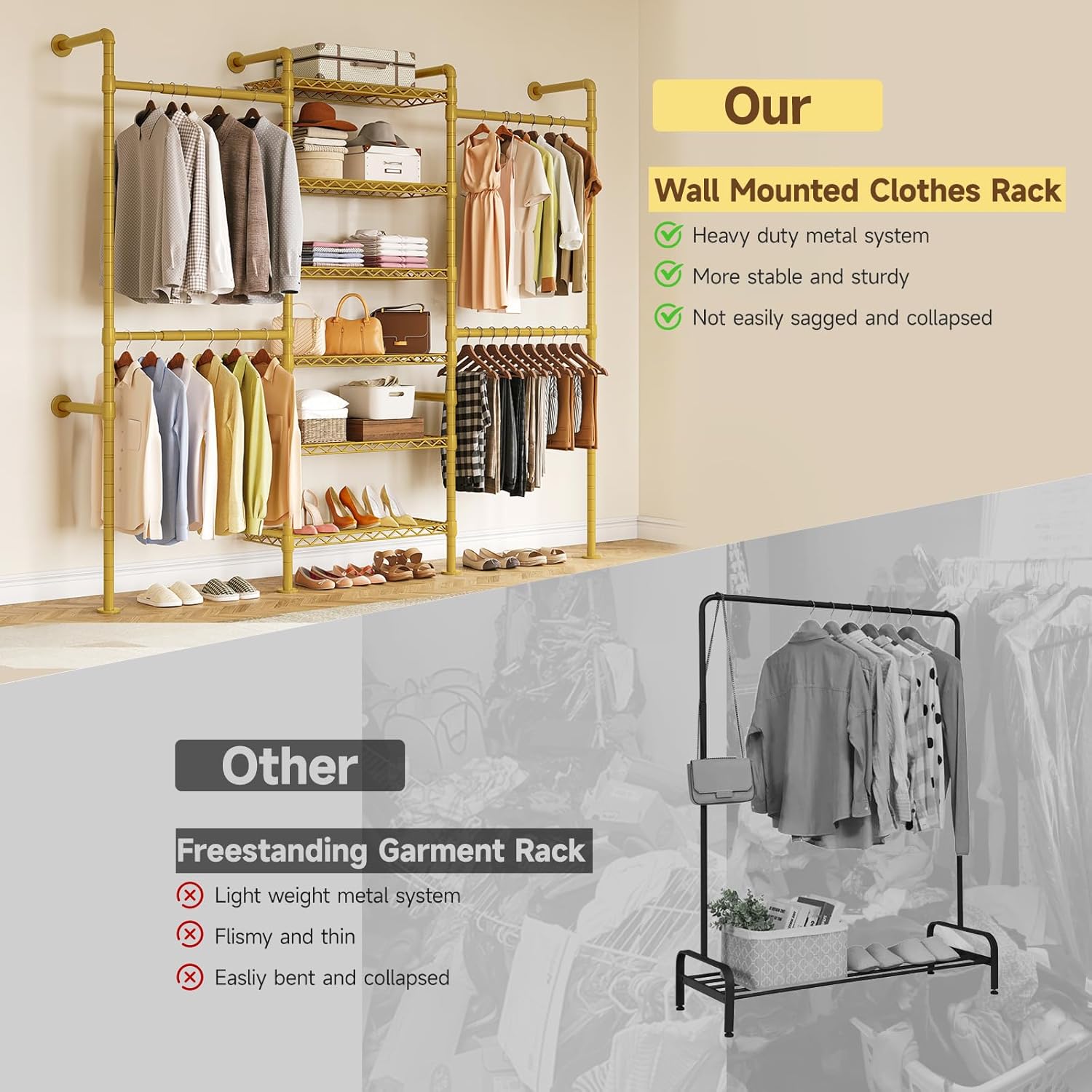 ONBRILL H3 Wall Mounted Closet System, Expandable Industrial Pipe Clothes Rack Clothing Rack for