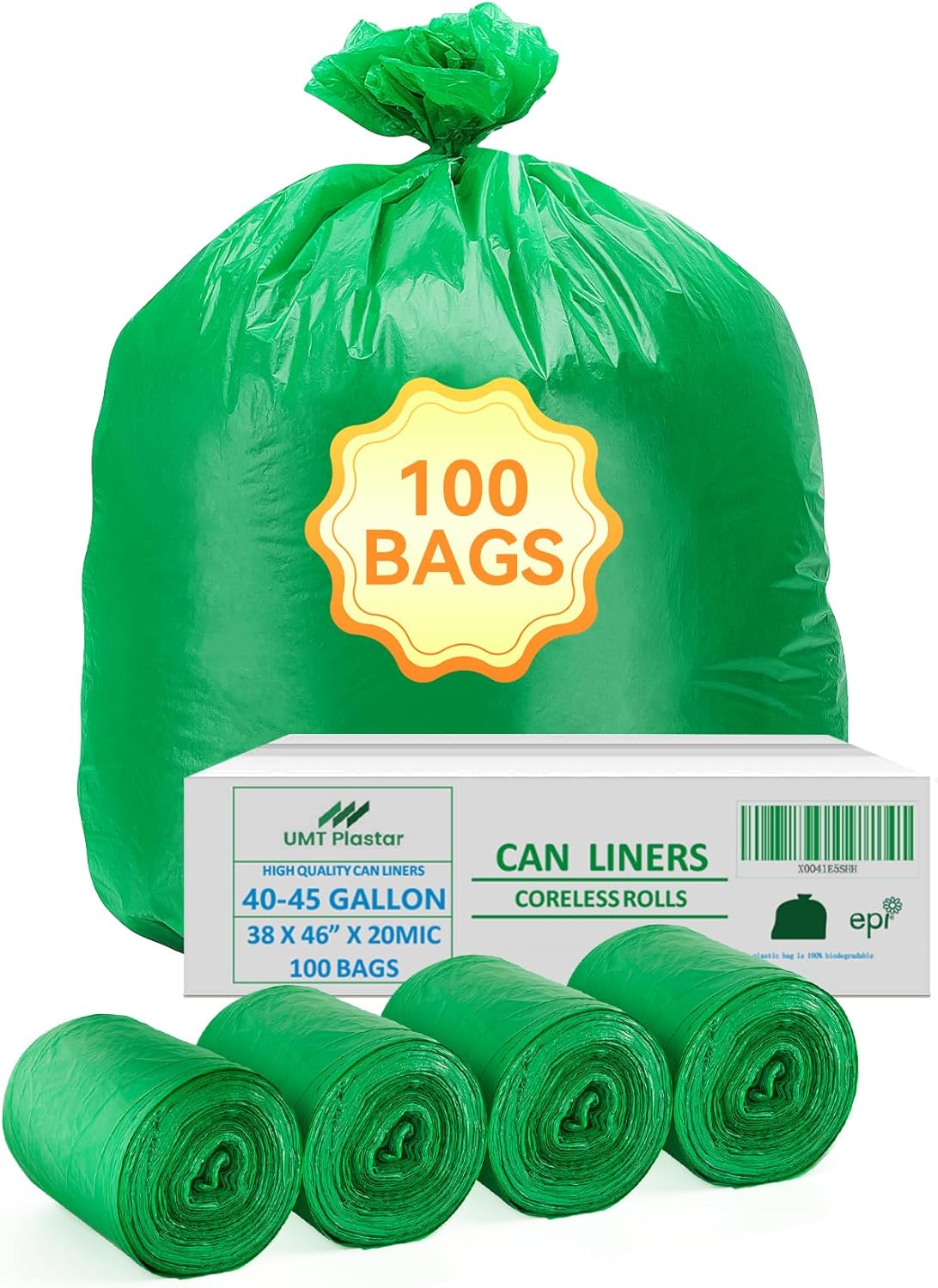 100 Count 100% Biodegradable and Compostable Trash Bags, 40-45 Gallon, 20 Microns, 38x46 Inches