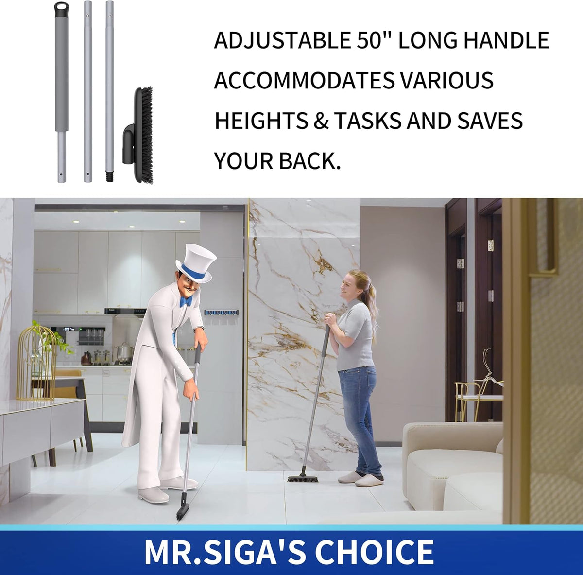 MR.SIGA Heavy Duty Grout Scrub Brush with Long Handle, Shower Floor Scrubber for Cleaning, Tile