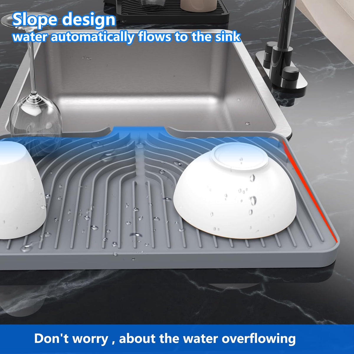 Kitchen Drying Mat for sink with a bulged edge,18"×12"Silicone Dish Drying Mat with built-in Drain