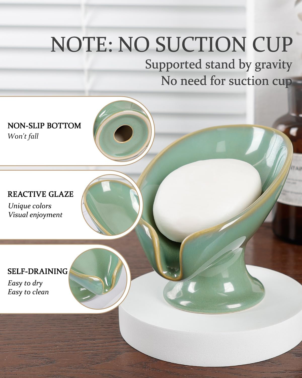 Soap Dish, Self Draining Bar Soap Holder for Bathroom Sink, Leaf Shaped Drainage Ceramic Mint Green