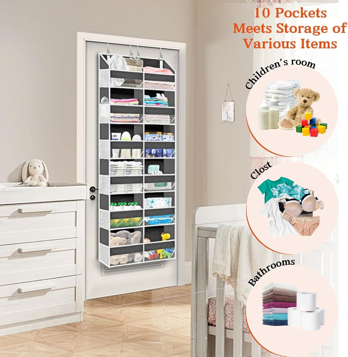 Over the Door Organizer 6 Tiers, Extra Large Behind Door Storage of 12 Compartments, 80 lbs Weight