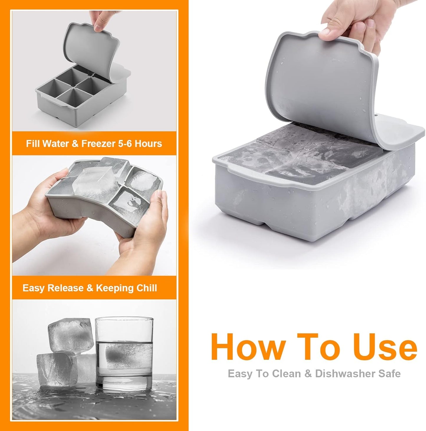 Nax Caki Large Ice Cube Tray with Lid, Stackable Big Silicone Square Ice Cube Mold for Whiskey