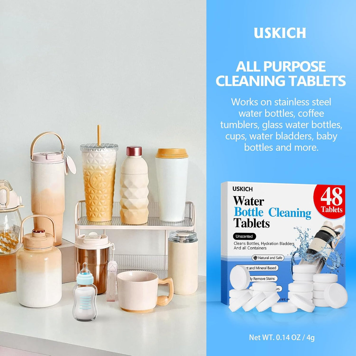 USKICH 48 Pack Water Bottle Cleaning Tablets,Water Bottle Cleaner Great for Stainless Steel