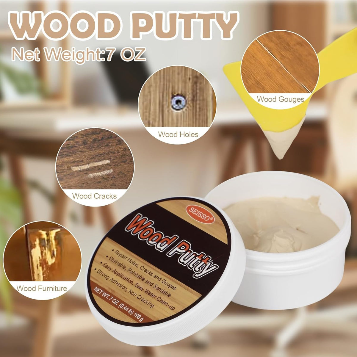 SEISSO Wood Putty, White Oak Wood Filler Paintable, Wood Putty Outdoor Waterproof, Wood Repair