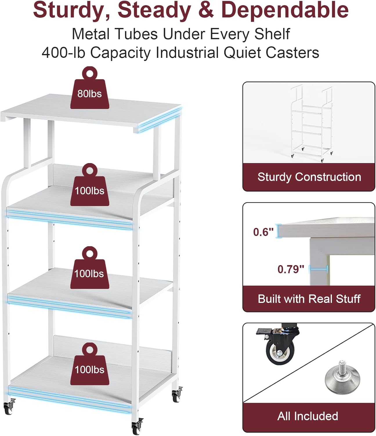 4 Tier White Printer Stand with Storage Shelf, Large Tall Printer Table for Home Office, Rolling