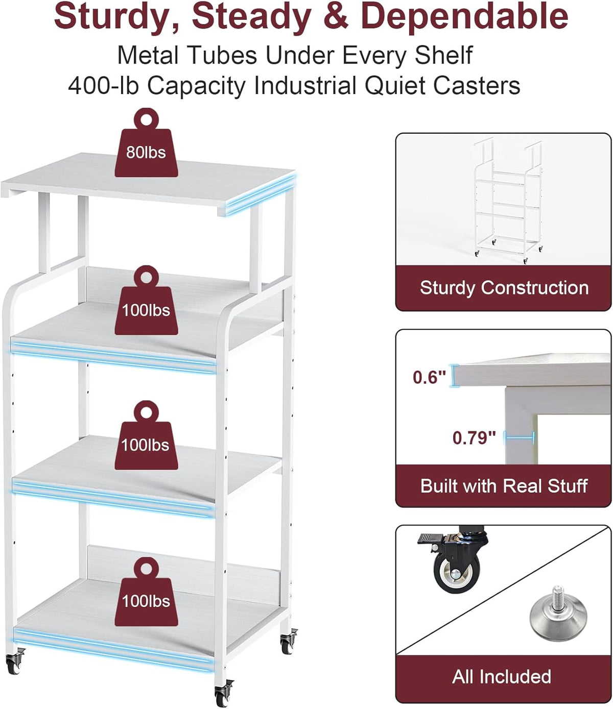 4 Tier White Printer Stand with Storage Shelf, Large Tall Printer Table for Home Office, Rolling